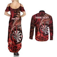 Personalised New Zealand Darts Couples Matching Summer Maxi Dress and Long Sleeve Button Shirt Maori Koru Dartboard Red Flame LT05 - Polynesian Pride