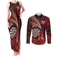 Personalised New Zealand Darts Couples Matching Tank Maxi Dress and Long Sleeve Button Shirt Maori Koru Dartboard Red Flame LT05 Red - Polynesian Pride