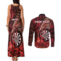 Personalised New Zealand Darts Couples Matching Tank Maxi Dress and Long Sleeve Button Shirt Maori Koru Dartboard Red Flame LT05 - Polynesian Pride