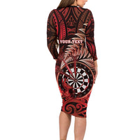 Personalised New Zealand Darts Family Matching Long Sleeve Bodycon Dress and Hawaiian Shirt Maori Koru Dartboard Red Flame LT05 - Polynesian Pride