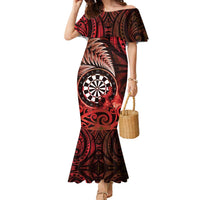 Personalised New Zealand Darts Family Matching Mermaid Dress and Hawaiian Shirt Maori Koru Dartboard Red Flame LT05 Mom's Dress Red - Polynesian Pride