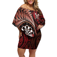 Personalised New Zealand Darts Family Matching Off Shoulder Short Dress and Hawaiian Shirt Maori Koru Dartboard Red Flame LT05 Mom's Dress Red - Polynesian Pride