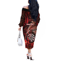 Personalised New Zealand Darts Off The Shoulder Long Sleeve Dress Maori Koru Dartboard Red Flame LT05 - Polynesian Pride