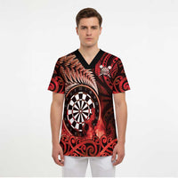 Personalised New Zealand Darts Scrub Top Maori Koru Dartboard Red Flame - Polynesian Pride