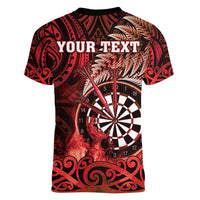 Personalised New Zealand Darts Women V-Neck T-Shirt Maori Koru Dartboard Red Flame LT05 - Polynesian Pride