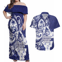 Guam Chief Quipuha Couples Matching Off Shoulder Maxi Dress and Hawaiian Shirt Polynesian Pattern With Guasali Flowers LT05 Navy - Polynesian Pride
