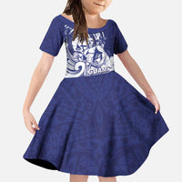 Guam Chief Quipuha Family Matching Off Shoulder Maxi Dress and Hawaiian Shirt Polynesian Pattern With Guasali Flowers LT05 Daughter's Dress Navy - Polynesian Pride