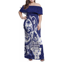 Guam Chief Quipuha Family Matching Off Shoulder Maxi Dress and Hawaiian Shirt Polynesian Pattern With Guasali Flowers LT05 Mom's Dress Navy - Polynesian Pride
