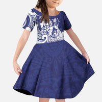 Guam Chief Quipuha Family Matching Puletasi and Hawaiian Shirt Polynesian Pattern With Guasali Flowers LT05 Daughter's Dress Navy - Polynesian Pride