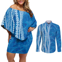 Hawaii Prince Kuhio Couples Matching Off Shoulder Short Dress and Long Sleeve Button Shirt Blue Hawaiian Lau Maia With Leis LT05 Blue - Polynesian Pride
