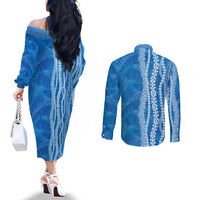 Hawaii Prince Kuhio Couples Matching Off The Shoulder Long Sleeve Dress and Long Sleeve Button Shirt Blue Hawaiian Lau Maia With Leis LT05 - Polynesian Pride