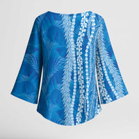 Hawaii Prince Kuhio Kimono Sleeve Blouse Blue Hawaiian Lau Maia With Leis