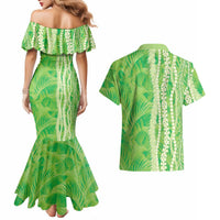 Hawaii Prince Kuhio Couples Matching Mermaid Dress and Hawaiian Shirt Lime Green Hawaiian Lau Maia With Leis LT05 - Polynesian Pride