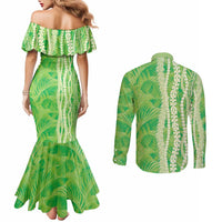 Hawaii Prince Kuhio Couples Matching Mermaid Dress and Long Sleeve Button Shirt Lime Green Hawaiian Lau Maia With Leis LT05 - Polynesian Pride