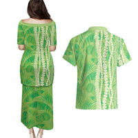 Hawaii Prince Kuhio Couples Matching Puletasi and Hawaiian Shirt Lime Green Hawaiian Lau Maia With Leis LT05 - Polynesian Pride