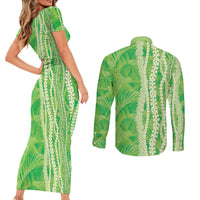 Hawaii Prince Kuhio Couples Matching Short Sleeve Bodycon Dress and Long Sleeve Button Shirt Lime Green Hawaiian Lau Maia With Leis LT05 - Polynesian Pride