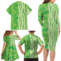Hawaii Prince Kuhio Family Matching Long Sleeve Bodycon Dress and Hawaiian Shirt Lime Green Hawaiian Lau Maia With Leis LT05 - Polynesian Pride
