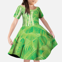 Hawaii Prince Kuhio Family Matching Summer Maxi Dress and Hawaiian Shirt Lime Green Hawaiian Lau Maia With Leis LT05 Daughter's Dress Green - Polynesian Pride