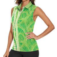 Hawaii Prince Kuhio Women Sleeveless Polo Shirt Lime Green Hawaiian Lau Maia With Leis LT05 - Polynesian Pride