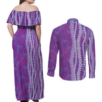 Hawaii Prince Kuhio Couples Matching Off Shoulder Maxi Dress and Long Sleeve Button Shirt Violet Hawaiian Lau Maia With Leis LT05 - Polynesian Pride