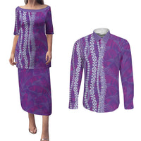 Hawaii Prince Kuhio Couples Matching Puletasi and Long Sleeve Button Shirt Violet Hawaiian Lau Maia With Leis LT05 Violet - Polynesian Pride