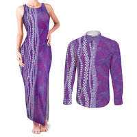 Hawaii Prince Kuhio Couples Matching Tank Maxi Dress and Long Sleeve Button Shirt Violet Hawaiian Lau Maia With Leis LT05 Violet - Polynesian Pride