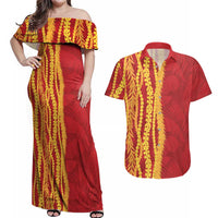 Hawaii Prince Kuhio Couples Matching Off Shoulder Maxi Dress and Hawaiian Shirt Red Hawaiian Lau Maia With Leis LT05 Red - Polynesian Pride