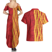 Hawaii Prince Kuhio Couples Matching Summer Maxi Dress and Hawaiian Shirt Red Hawaiian Lau Maia With Leis LT05 - Polynesian Pride