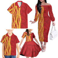 Hawaii Prince Kuhio Family Matching Off The Shoulder Long Sleeve Dress and Hawaiian Shirt Red Hawaiian Lau Maia With Leis LT05 - Polynesian Pride