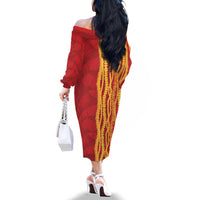 Hawaii Prince Kuhio Family Matching Off The Shoulder Long Sleeve Dress and Hawaiian Shirt Red Hawaiian Lau Maia With Leis LT05 - Polynesian Pride