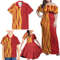 Hawaii Prince Kuhio Family Matching Off Shoulder Maxi Dress and Hawaiian Shirt Red Hawaiian Lau Maia With Leis LT05 - Polynesian Pride