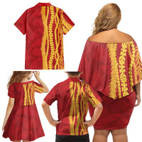 Hawaii Prince Kuhio Family Matching Off Shoulder Short Dress and Hawaiian Shirt Red Hawaiian Lau Maia With Leis LT05 - Polynesian Pride