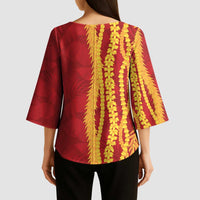 Hawaii Prince Kuhio Kimono Sleeve Blouse Red Hawaiian Lau Maia With Leis