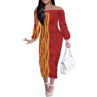 Hawaii Prince Kuhio Off The Shoulder Long Sleeve Dress Red Hawaiian Lau Maia With Leis LT05 Women Red - Polynesian Pride