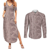 Hawaii Prince Kuhio Couples Matching Summer Maxi Dress and Long Sleeve Button Shirt Mocha Hawaiian Lau Maia With Leis LT05 Mocha - Polynesian Pride