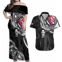 Personalised Hawaii Prince Kuhio Couples Matching Off Shoulder Maxi Dress and Hawaiian Shirt Hawaiian Maile Lei LT05 Black - Polynesian Pride