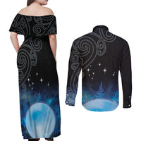 New Zealand Matariki Couples Matching Off Shoulder Maxi Dress and Long Sleeve Button Shirt Pleiades Star Cluster Blue Galaxy LT05 - Polynesian Pride