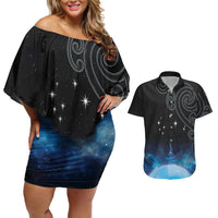 New Zealand Matariki Couples Matching Off Shoulder Short Dress and Hawaiian Shirt Pleiades Star Cluster Blue Galaxy LT05 Blue - Polynesian Pride