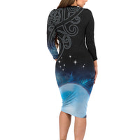 New Zealand Matariki Long Sleeve Bodycon Dress Pleiades Star Cluster Blue Galaxy LT05 - Polynesian Pride