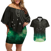 New Zealand Matariki Couples Matching Off Shoulder Short Dress and Hawaiian Shirt Pleiades Star Cluster Green Galaxy LT05 Green - Polynesian Pride