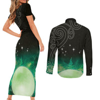 New Zealand Matariki Couples Matching Short Sleeve Bodycon Dress and Long Sleeve Button Shirt Pleiades Star Cluster Green Galaxy LT05 - Polynesian Pride