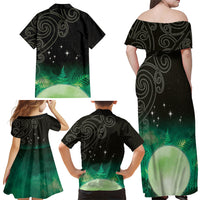New Zealand Matariki Family Matching Off Shoulder Maxi Dress and Hawaiian Shirt Pleiades Star Cluster Green Galaxy LT05 - Polynesian Pride