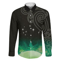 New Zealand Matariki Family Matching Off Shoulder Maxi Dress and Hawaiian Shirt Pleiades Star Cluster Green Galaxy LT05 Dad's Shirt - Long Sleeve Green - Polynesian Pride