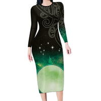New Zealand Matariki Long Sleeve Bodycon Dress Pleiades Star Cluster Green Galaxy LT05 Long Dress Green - Polynesian Pride