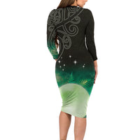 New Zealand Matariki Long Sleeve Bodycon Dress Pleiades Star Cluster Green Galaxy LT05 - Polynesian Pride
