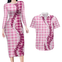 Pink Hawaii Palaka Couples Matching Long Sleeve Bodycon Dress and Hawaiian Shirt Hawaiian Honohono Lei LT05 Pink - Polynesian Pride