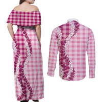 Pink Hawaii Palaka Couples Matching Off Shoulder Maxi Dress and Long Sleeve Button Shirt Hawaiian Honohono Lei LT05 - Polynesian Pride