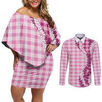 Pink Hawaii Palaka Couples Matching Off Shoulder Short Dress and Long Sleeve Button Shirt Hawaiian Honohono Lei LT05 Pink - Polynesian Pride