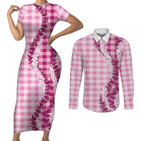 Pink Hawaii Palaka Couples Matching Short Sleeve Bodycon Dress and Long Sleeve Button Shirt Hawaiian Honohono Lei LT05 Pink - Polynesian Pride