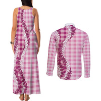 Pink Hawaii Palaka Couples Matching Tank Maxi Dress and Long Sleeve Button Shirt Hawaiian Honohono Lei LT05 - Polynesian Pride